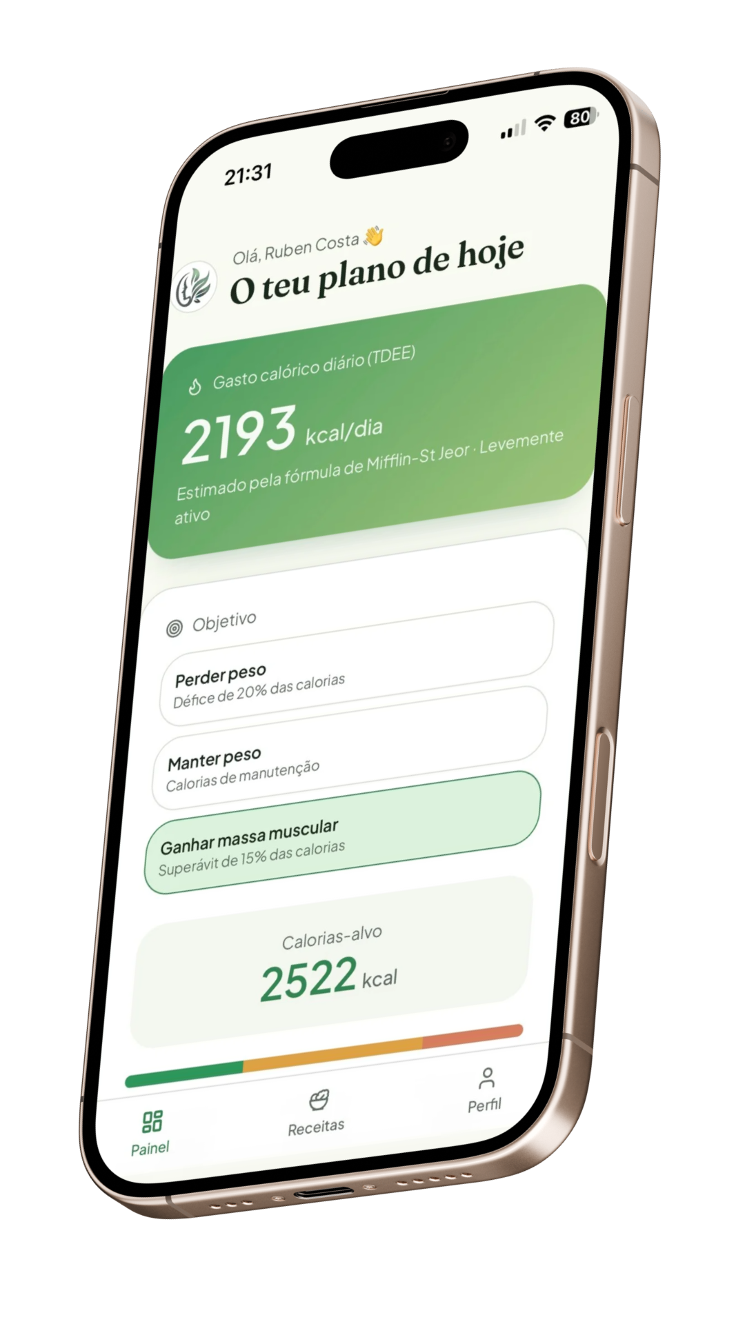 Aplicação Emagreço Natural num iPhone, mostrando o plano diário, gasto calórico e objetivos
