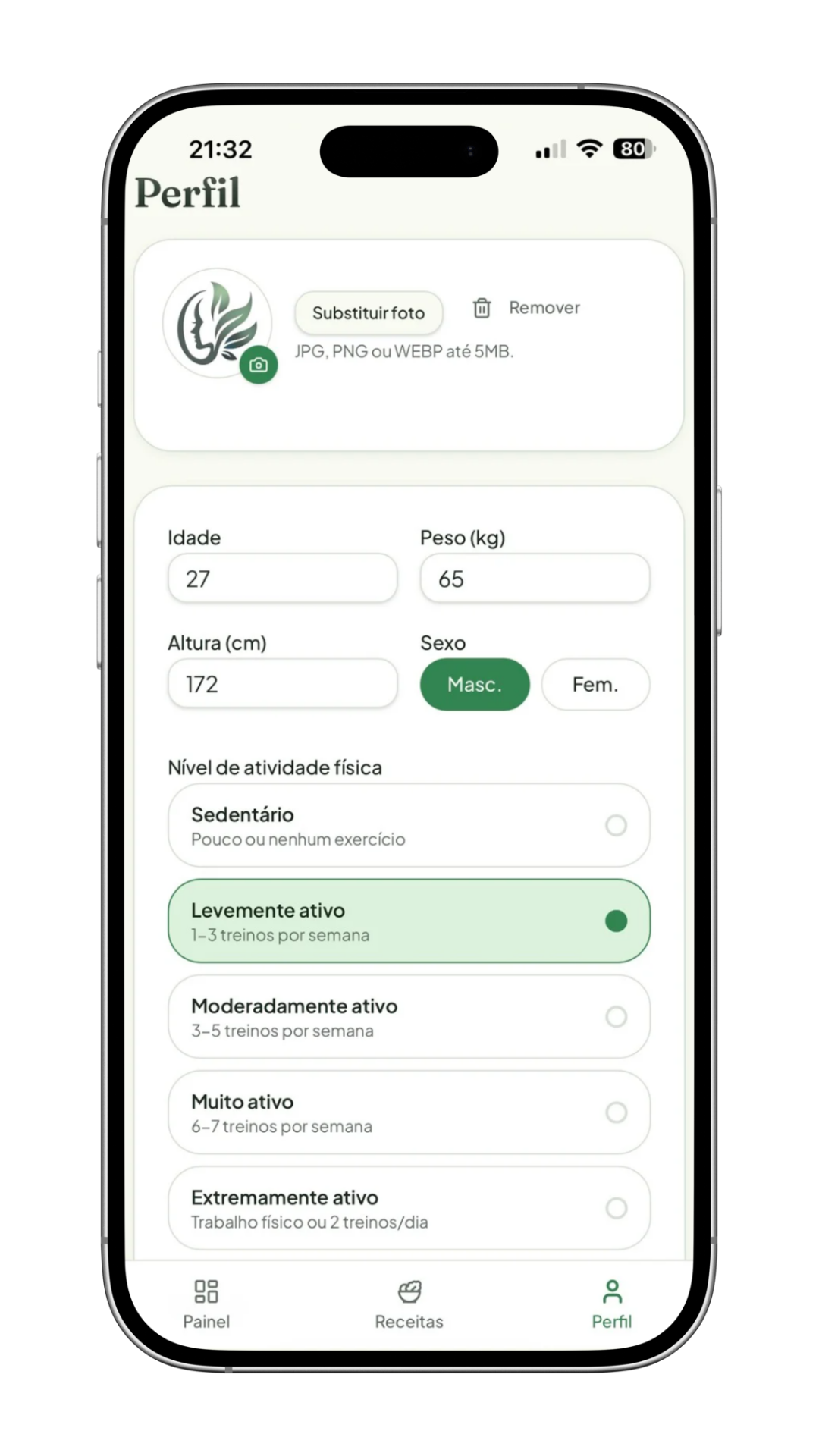 Ecrã Perfil da aplicação de nutrição com IA